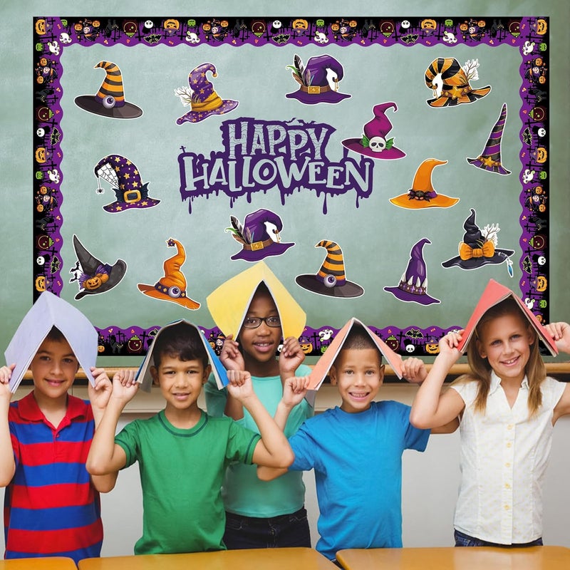 Machomby 48 Pcs Halloween Cutouts, Cute Witch Hat Cutouts Halloween Bulletin Board Decorations Witch Hat Paper Cut-Outs for Home School Trick or Treat Party Chalkboard Wall Decor - Image 3